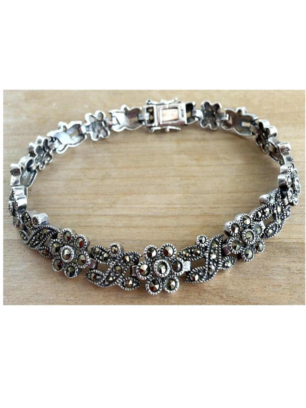 925 STERLING SILVER Vintage Floral Faceted Marcasite Bracelet 12g 7.5"